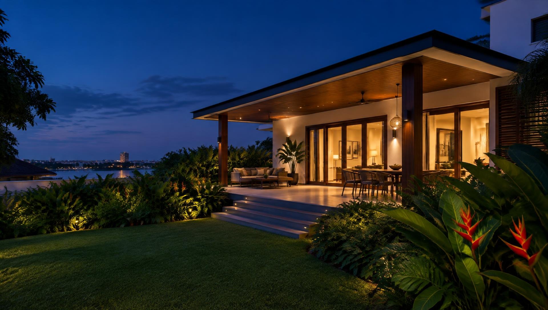 Contemporary tropical villa with an infinity pool overlooking lush greenery at sunset