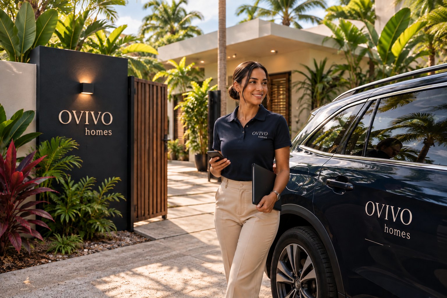 An OVIVO Homes property manager welcoming guests at a branded tropical residence