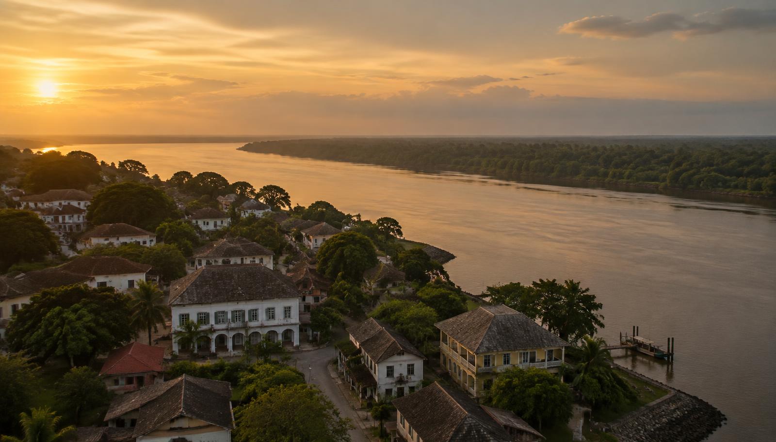 Illustrative view of a low-density riverside town in a tropical landscape at sunset
