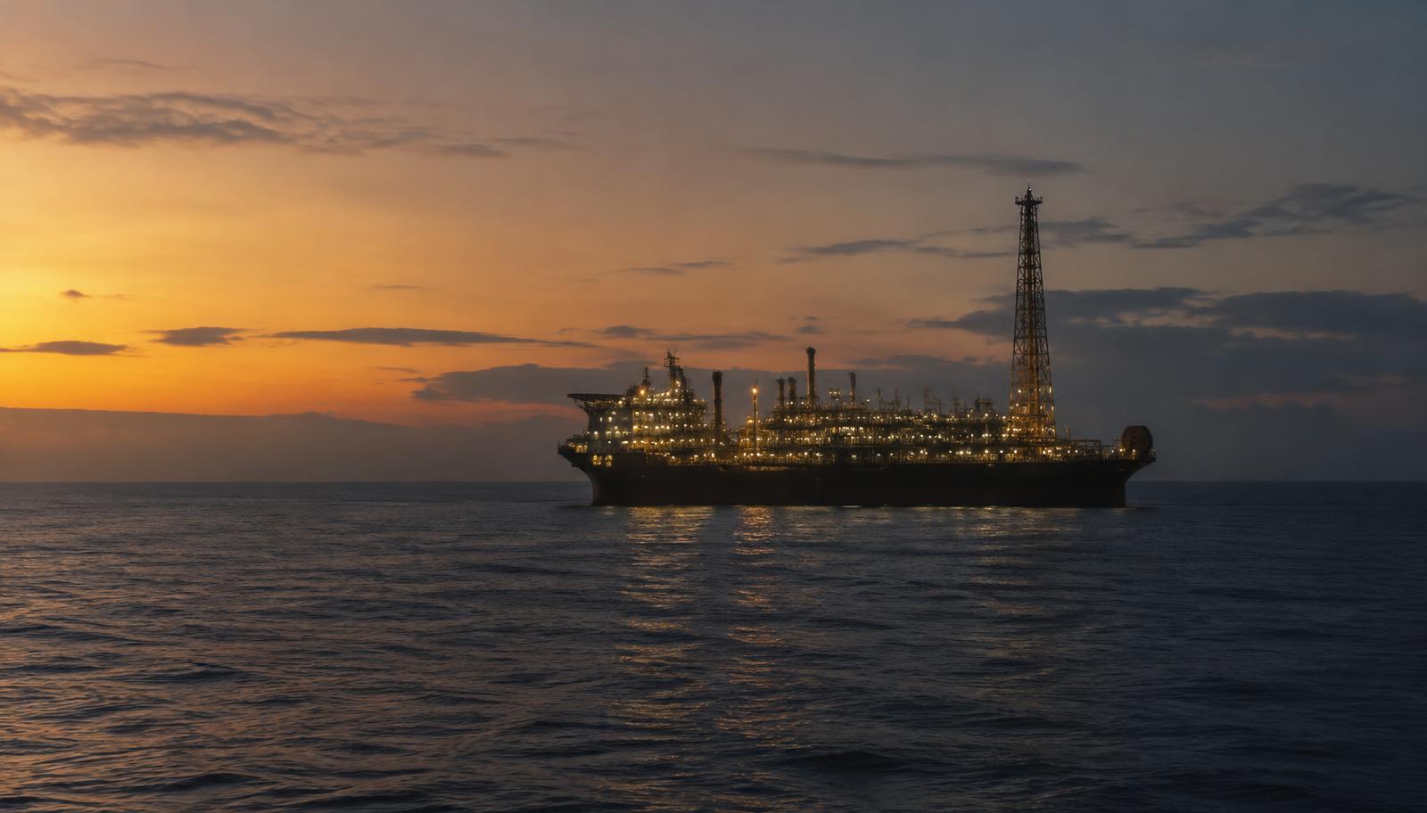 Illustrative image of an offshore production vessel on the open ocean at dusk