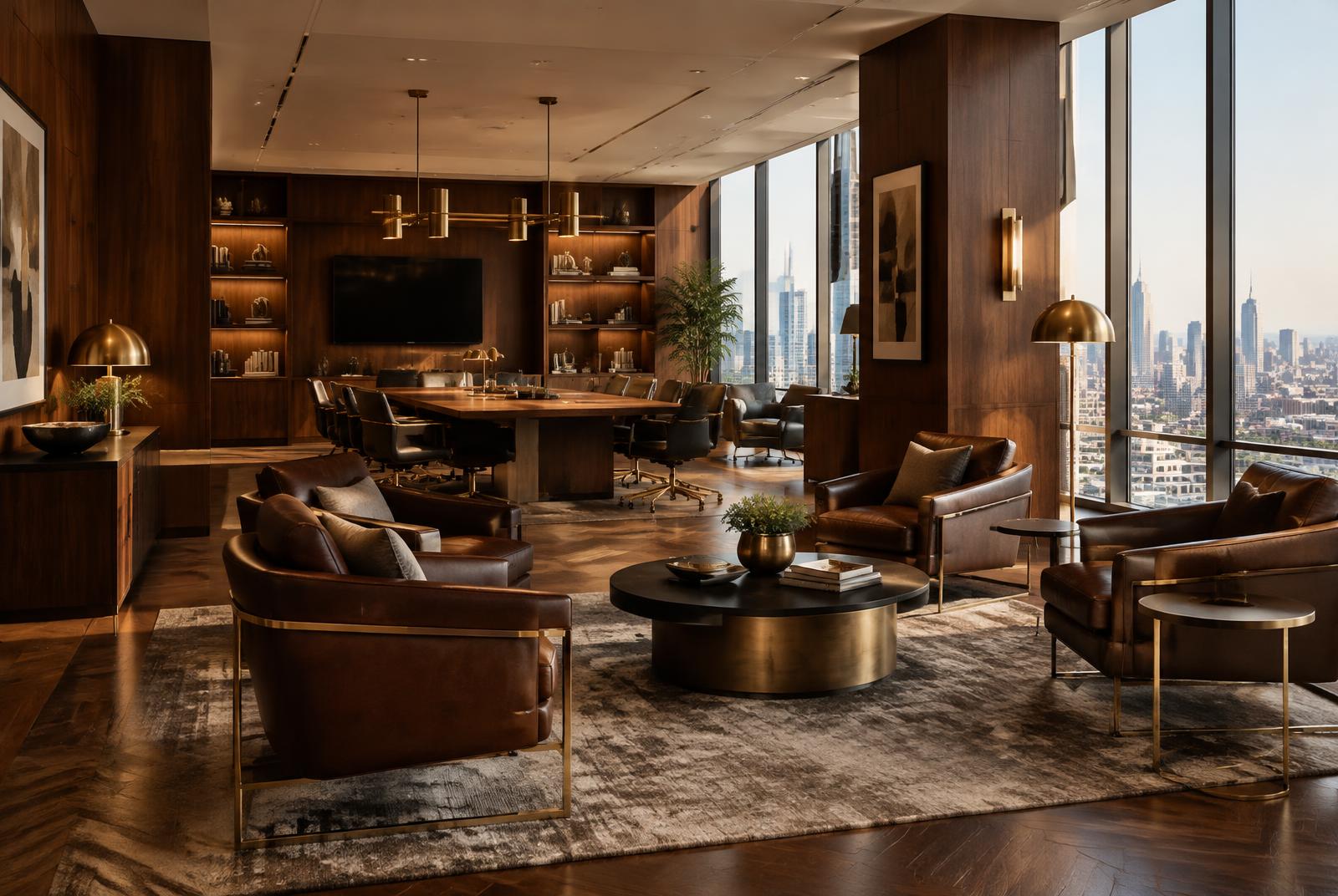 Warm executive lounge with leather armchairs, walnut panelling and brass lighting